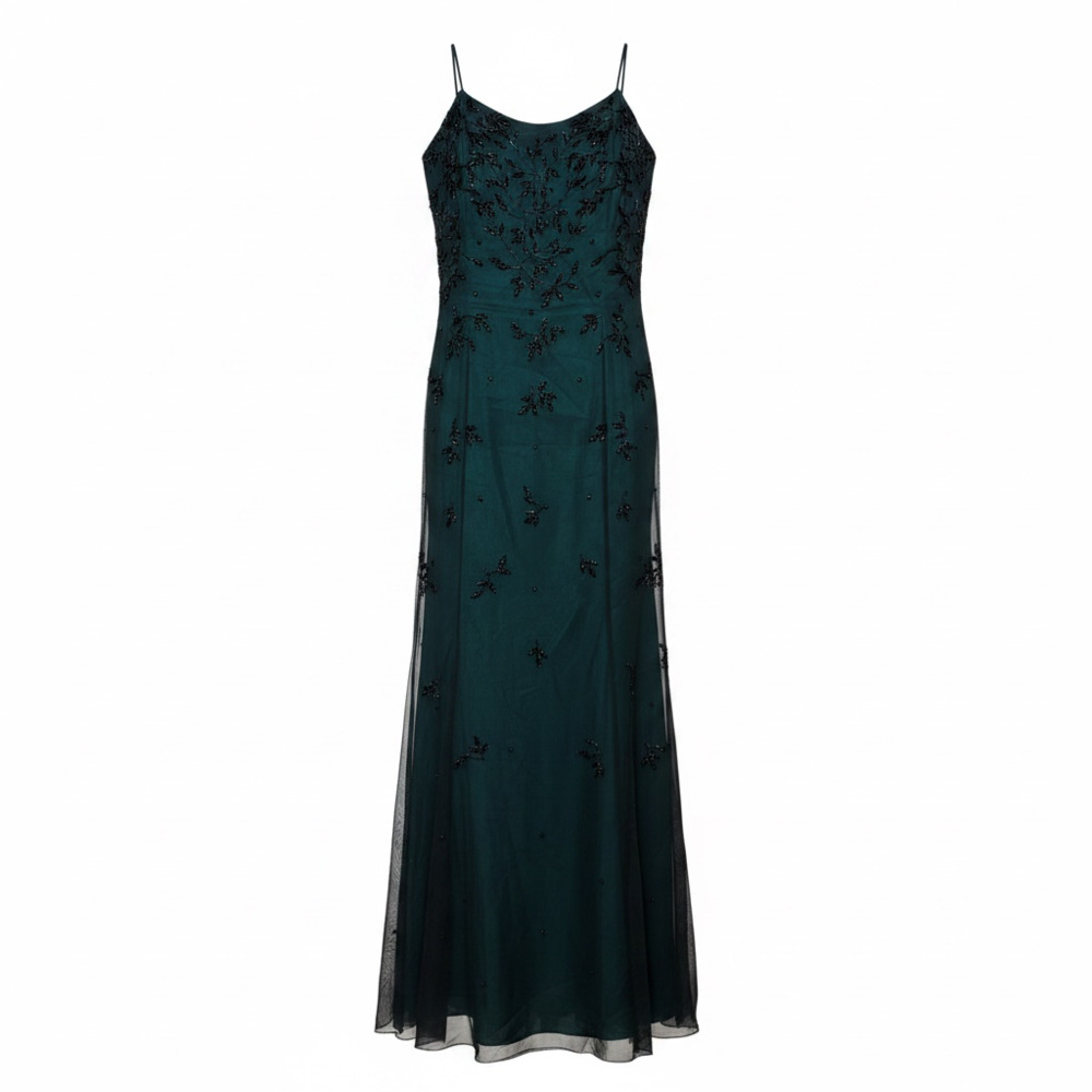 Cache Women's Green Beaded Silk Floral Evening Gown Size 10